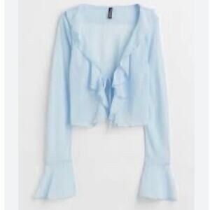 H&M‎ Divided Flounce Trim Blue Chiffon Blouse Tie Front XL